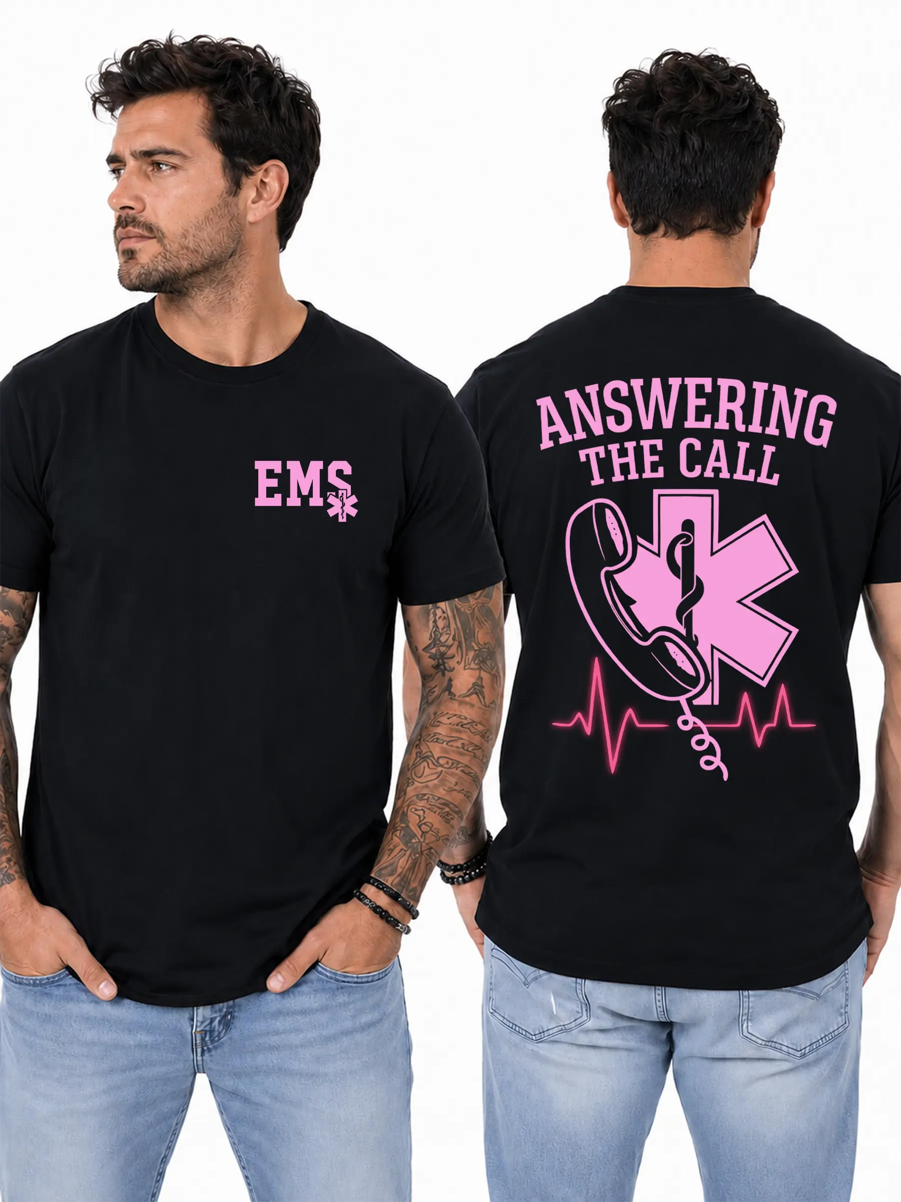 Women's Short-Sleeve EMS Graphic T-Shirt - Pink Phone, Star of Life Design, Gift for Paramedics & Dispatch Heroes, Shortsleeve