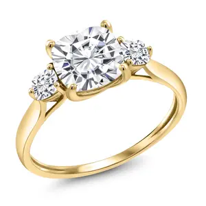 Gem Stone King 10K Yellow Gold White Moissanite Engagement Ring For Women | 1.96 Cttw | Cushion 7MM | Gemstone Birthstone | Three Stone Wedding Engagement Anniversary Promise Ring For Women