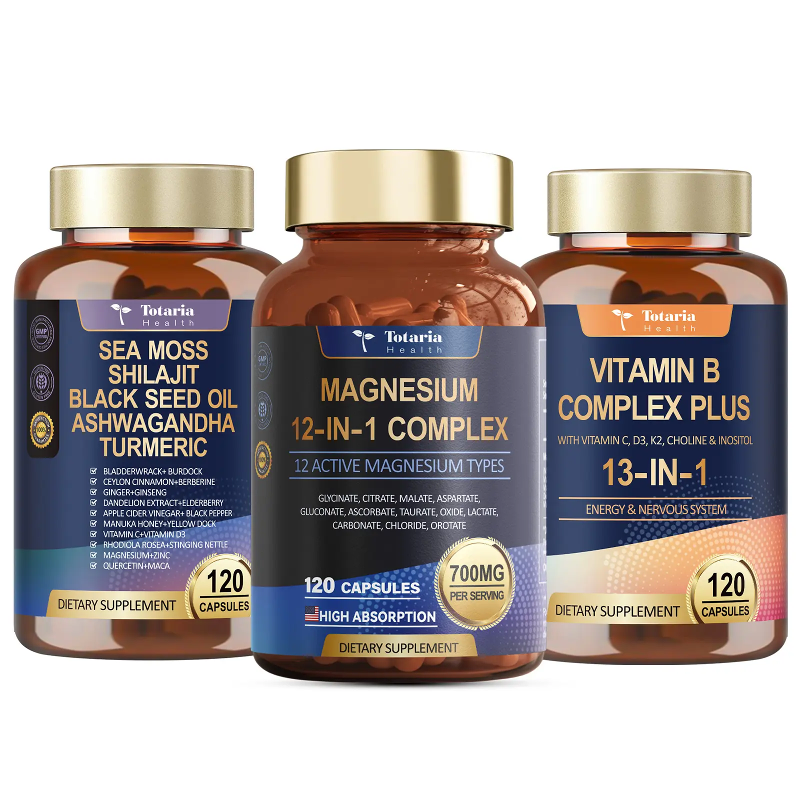 Totaria Mega Mineral Vitamin Bundle 12 Form Magnesium 25in1 Sea Moss and B Complex 13 Vitamins for Total Body Energy Metabolism and Stress Support