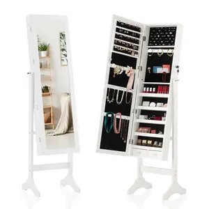 Full-Length Mirror Jewelry Cabinet, Wall or Door Mount, Organizer Armoire with Built-in Makeup Mirror, Lockable Storage with 2 Drawers,Good Gift Idea