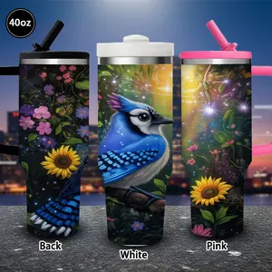 1 pc 40 oz Magical Blue Jay and Sunflowers Tumbler with lid and straw, winter insulated travel mug, gift for women and men, ideal for Valentine’s Day, Easter, birthday gifts, iced/hot coffee cup