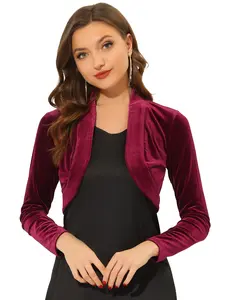 INSPIRE CHIC Women's Long Sleeve Velvet Shrug Cocktail Party Open Front Cropped Bolero Cardigan Top