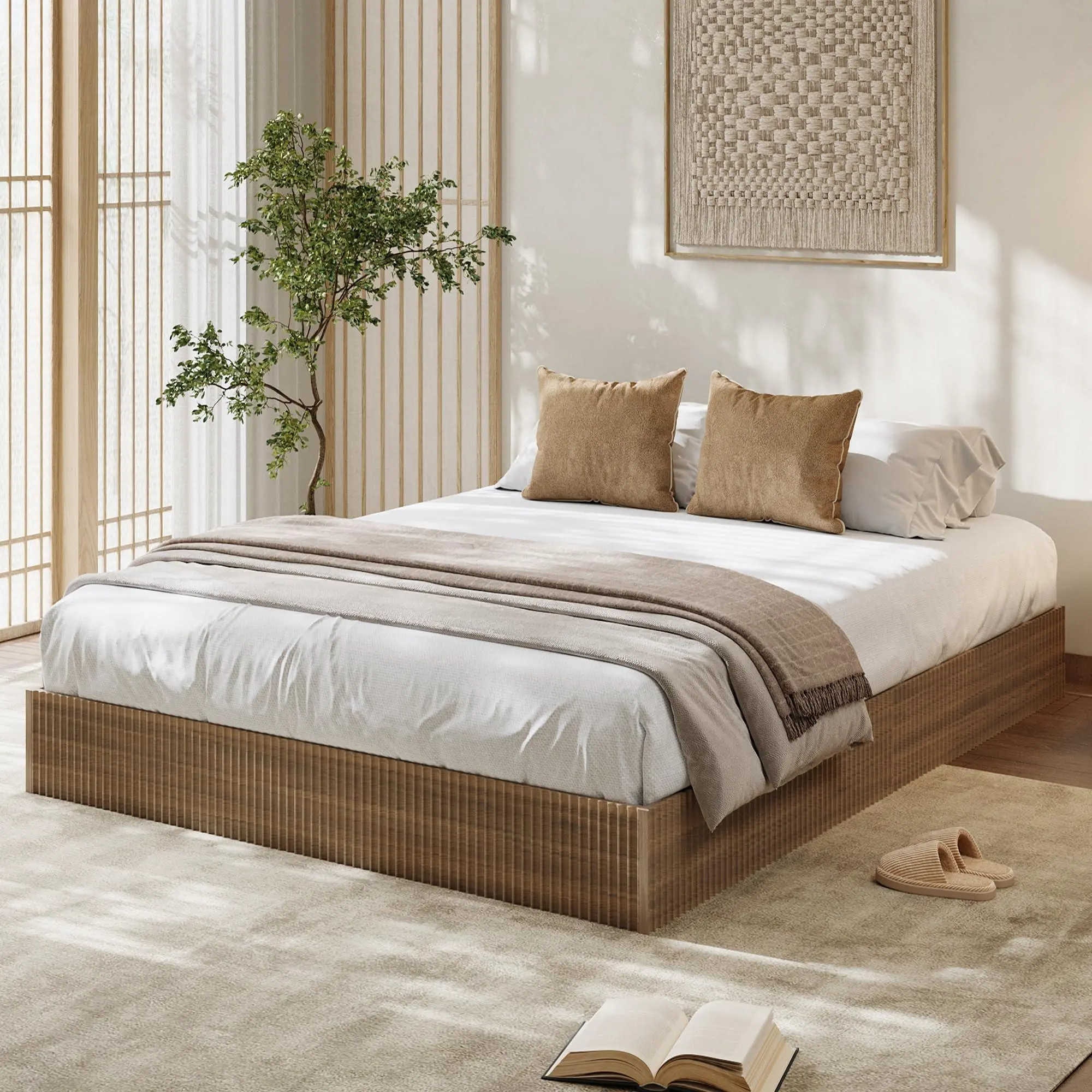 Full Bed Frame, Wood Platform Bed with Fluted Design, Low Profile BedFrame, Minimalist Bed Base with Noise-Free, Easy Assembly, No Box Spring Needed, Walnut