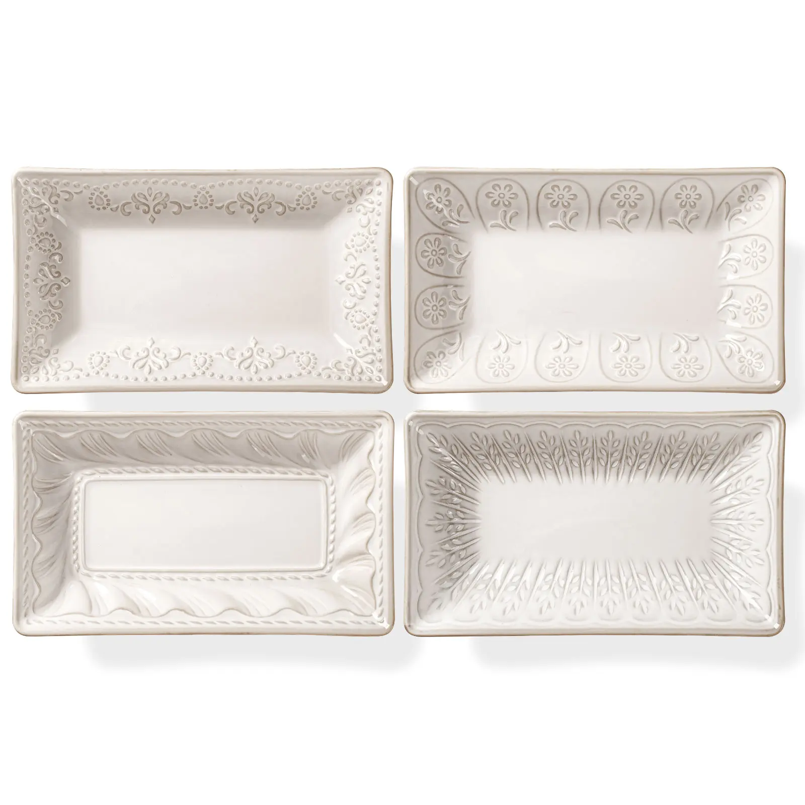 Sturdy Glossy 4-Pc Rectangular Ceramic Pasta Plates, 9.85" Large 25oz Family-Sized Dishes, Microwaveable Plates for Salad & Soup, Embossed Oven-Safe Serving Set