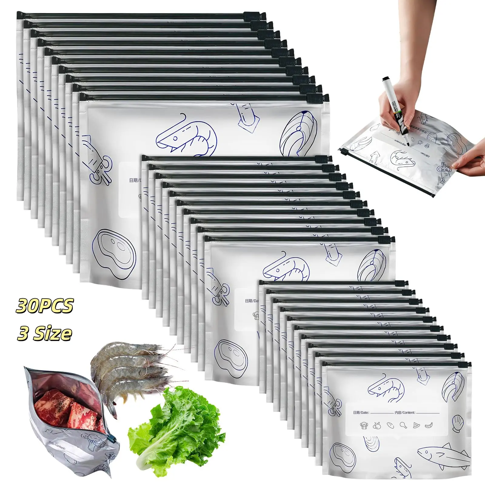 30PCS Heavy Duty Thick Aluminium Foil Storage Bags - Airtight Seal Containers for Food, Reusable Stand-Up Zip Lock Bags with Labels, Multi-Size Home Organizers for Easier Organization (3 Sizes)