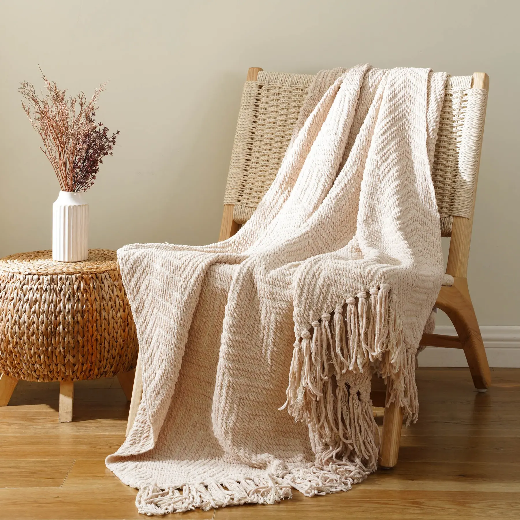 Battilo | Chenille Knitted Thorw Blanket - Soft Comfort Blankets for Bed, Sofa, Fall Neutral Throw & Aesthetic Home Decor, Warm Decorative Throw Blankets for Room Decor, Holiday Gifts