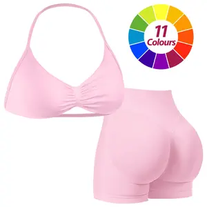 Women's Solid Backless Halter Crop Top & High Waist Shorts Workout Gym Yoga Set, Sporty Breathable Comfy Fitness Outfits for Women, Ladies Gym Clothes, Activewear, Valentine's Day Gift