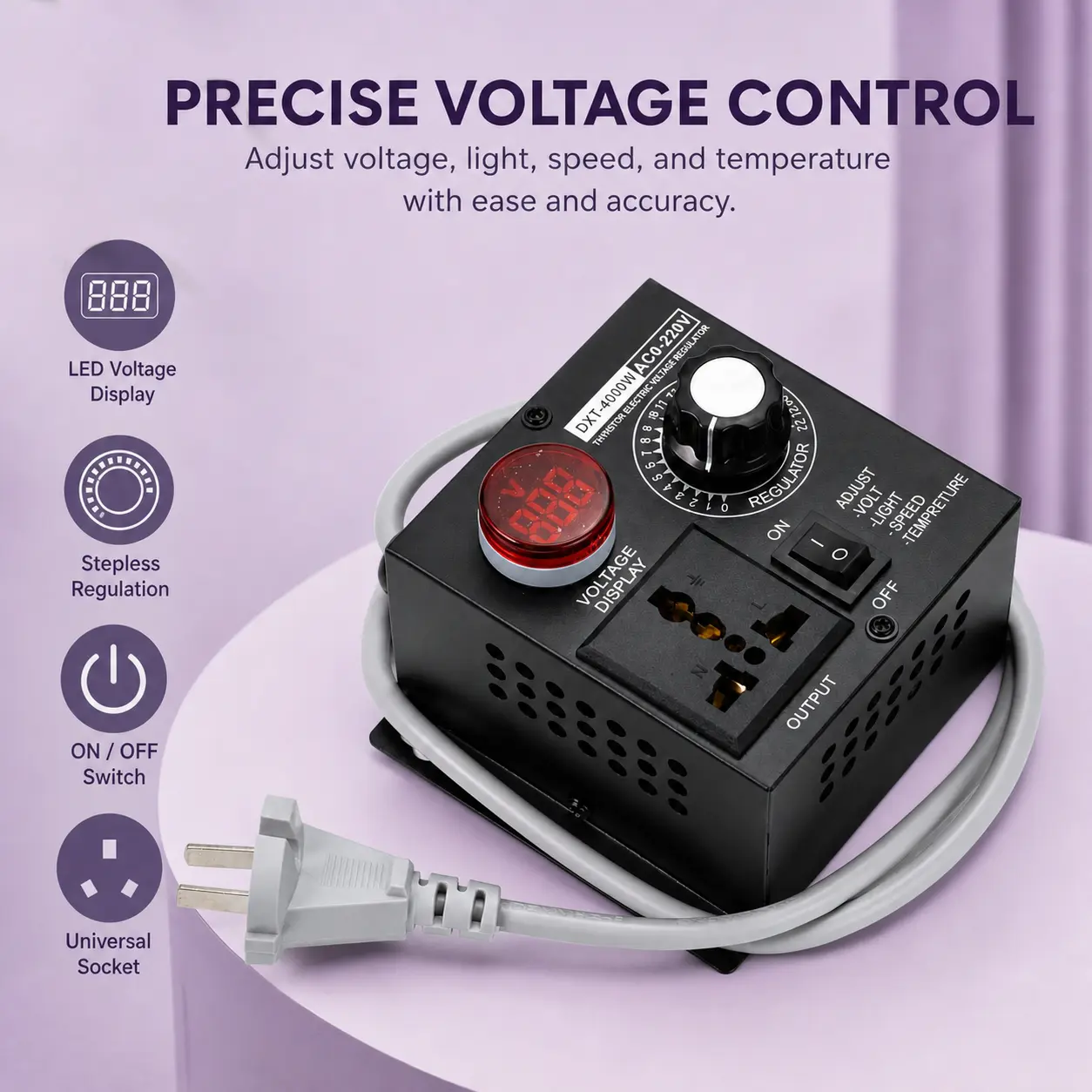 AC 0-220V 4000W multifunctional voltage regulator, digital display, stepless speed regulation, temperature lamp regulator, portable multifunctional power controller with multiple plug options