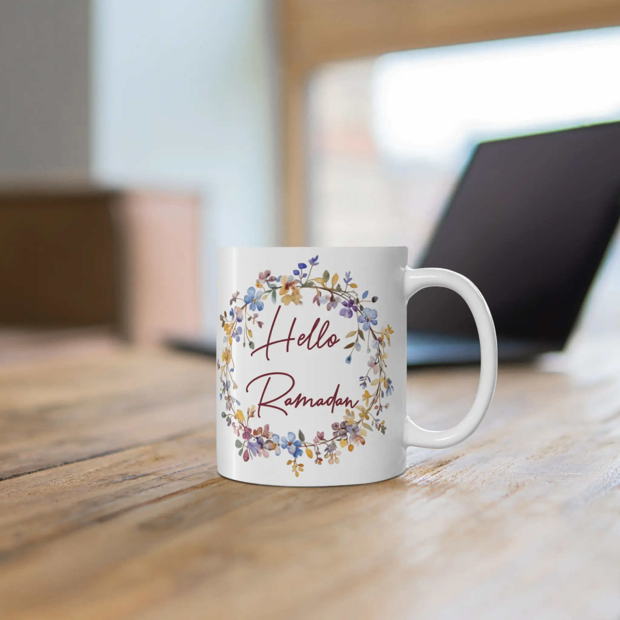 Hello Ramadan Floral Cup | Elegant Ramadan Coffee Cup | Islamic Gift For Ramadan | Iftar Mug
