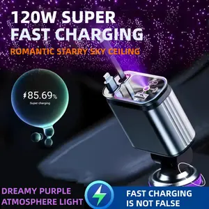 120W Super Fast Car Charger with Starry Sky Projector LED Ambient Light Retractable Cable 4 Ports Universal for iPhone Android Car Interior Decor Essentials gift