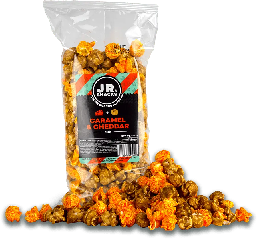 Junior Snacks Co. Caramel & Cheddar Popcorn Mix;  Crunchy Brown Sugar Salt Flavor combined with a Soft Cheddar bite