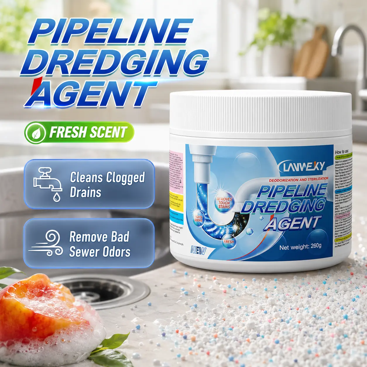 Lanwexy Powerful Pipe Dissolving Agent - Unclogs Pipes, Kills 99% Bacteria, Addresses 200+ Blockages for Kitchen, Toilet Pipelines, Kills Bacteria