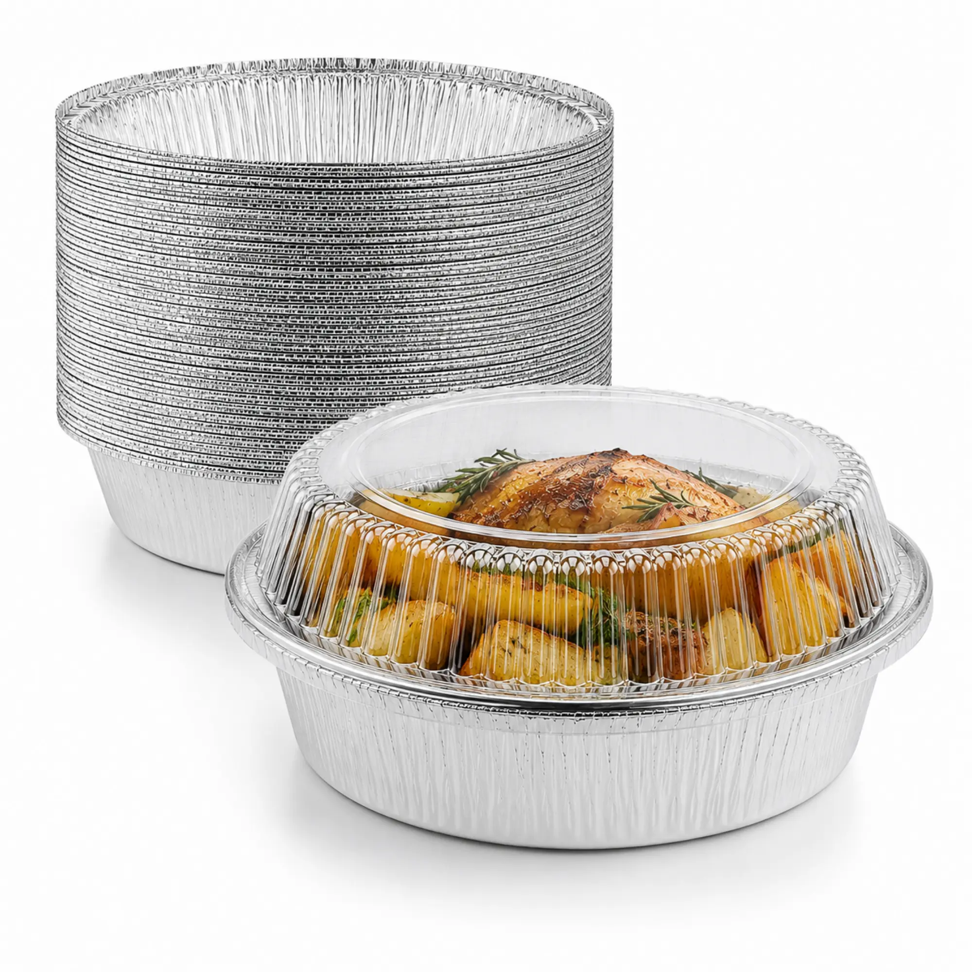 VeZee 9” Aluminum Disposable Foil Round Pans with Dome Lids | Heavy Duty Aluminum Food Containers | Leak Resistant, Oven & Freezer Safe | Disposable Meal Prep, Baking, Roasting, Catering & Takeout