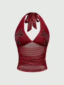 [HANNAH] Goth Cross Rhinestone Mesh Side Ruched Halter Top, For Carnival