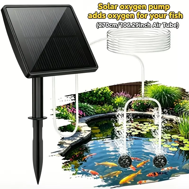 Solar-powered aerator and air pump with 2000mAh capacity; includes 4 air stones and 8.2 feet of tubing—ideal for small fish ponds, hydroponics, aquariums, water tanks, and pond features.