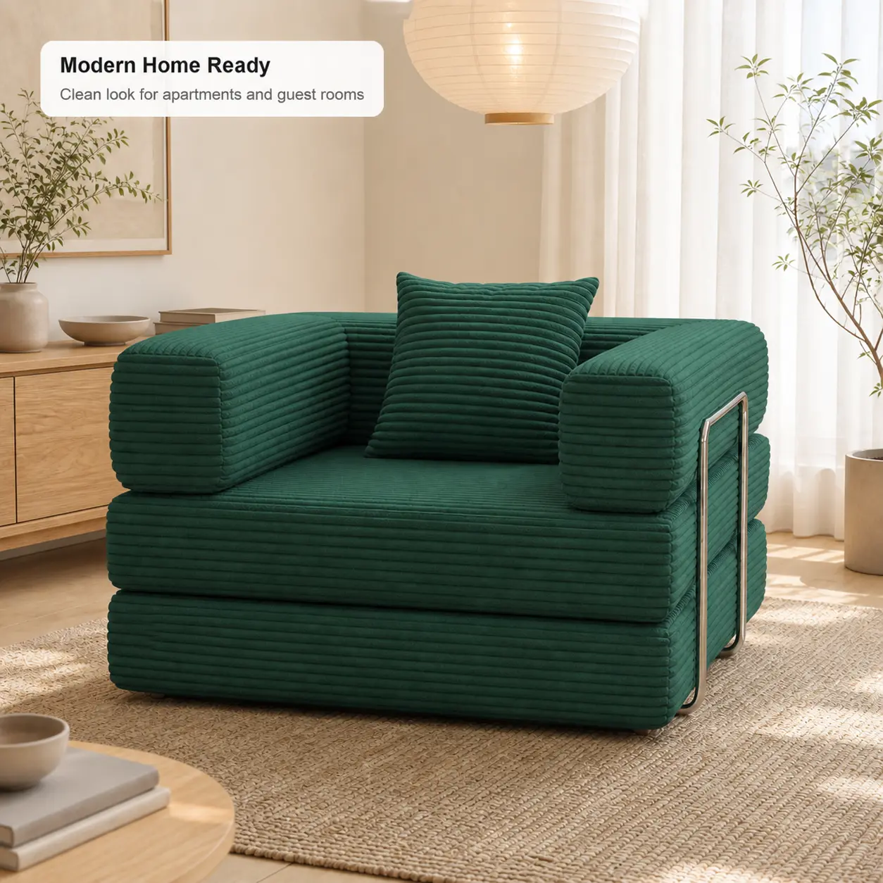 3-in-1 Foldable 2-Seater Corduroy Sofa Bed with Pillow, No-Assembly Compressed Foam Convertible Sleeper Loveseat, Deep-Seat Boneless Modular Floor Couch for Small Spaces, Apartment, Dorm, Bedroom, Living Room & Guest Room
