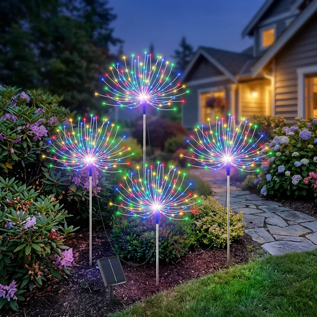 4-Pcs Solar Outdoor Lights - Halloween Firework LED String Lanterns, 60 Beads Each (240 Total), Bendable Copper Wire, 8 Modes Warm Twinkle, Water-Resistant DIY Starburst, Gift for Mom/Grandma (Holidays Home Improvement)