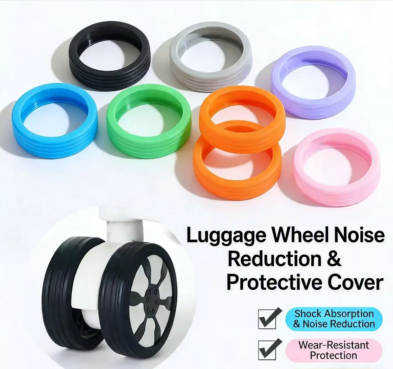 8 Pcs Upgraded Silicone Luggage Wheel Covers, Wear-Resistant for Luggage Protection, Anti-Noise for Travel in Silence, Smoother Push Fit for 2-2.4" Spinner Carry-On Suitcases, Sleek Black Finish, Silicone Covers, 2-2.4" Spinner Wheels