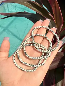 Natural Dalmatian Jasper 4mm Beaded Stretch Bracelet | Dainty Speckled Gemstone Jewelry