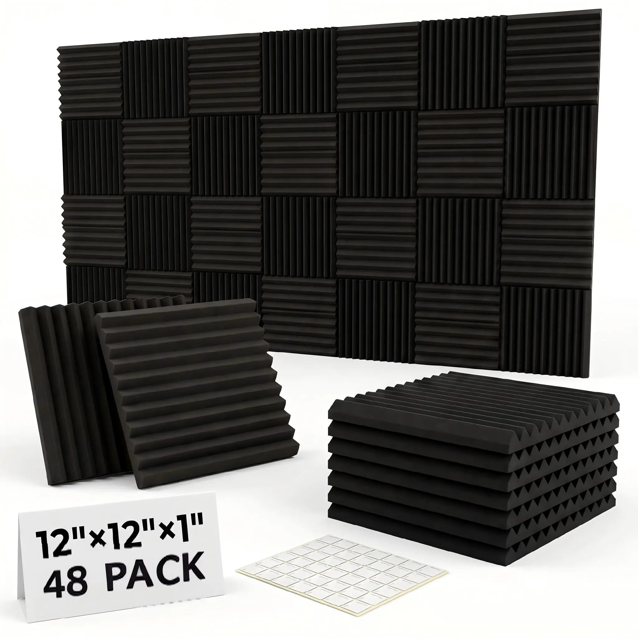 48 Soundproof Foam Panels, Wall-Mounted 1x12x12 Inch Acoustic Foam Boards, Interior Walls, High-Density Noise Reduction Studio Wedges