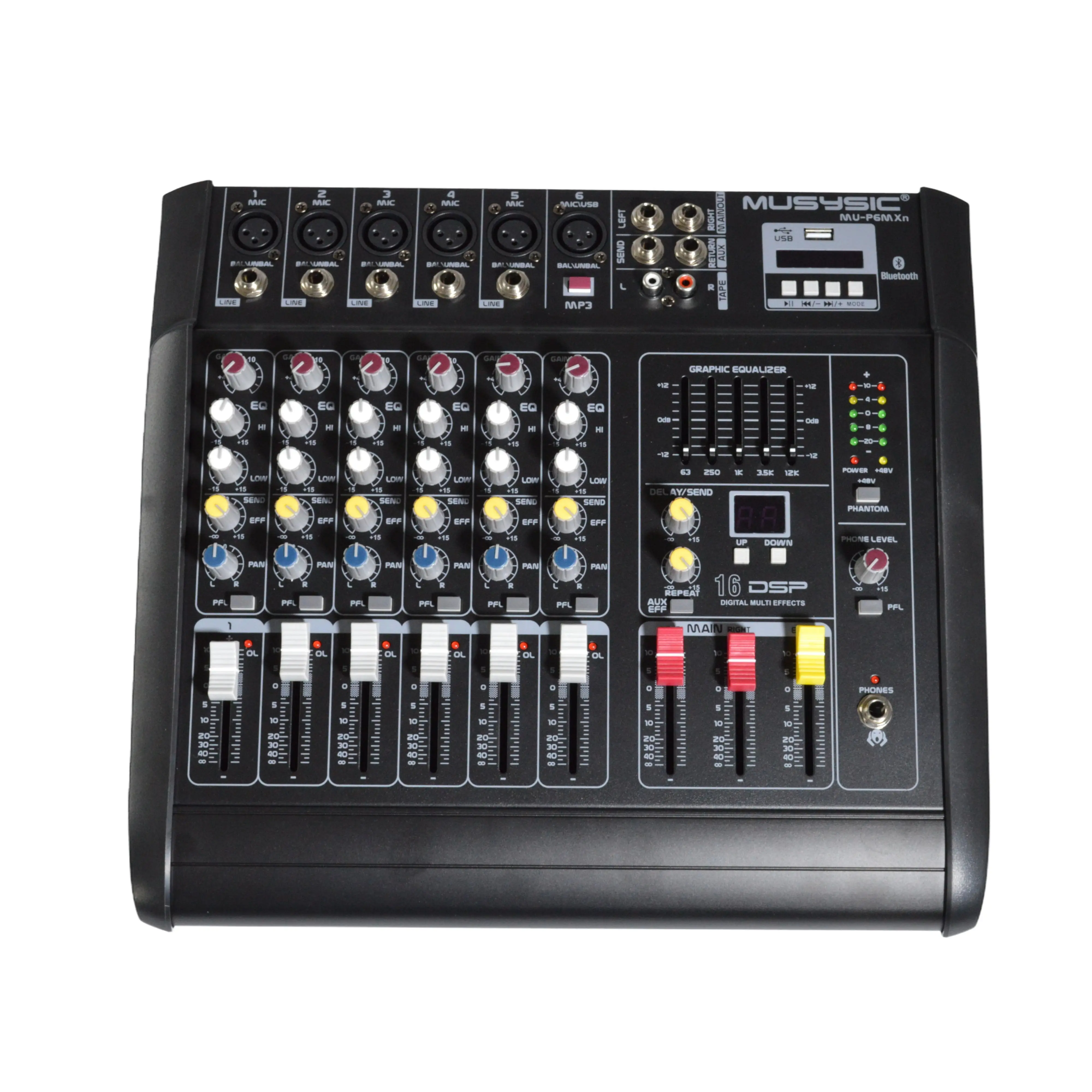 MUSYSIC MU‑P6MXn Professional Powered 6‑Channel Mixer – 2000W Peak, USB/BT/MP3, 16 DSP Effects, 2‑Band EQ