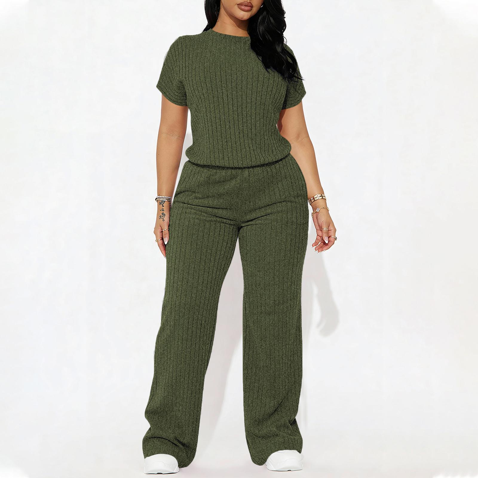 Women's Solid Shortsleeve Crewneck Ribbed Top & Wide Leg Pants Minimalist Casual Fitted Fashion Cozy Top & Trousers for Daily Outdoor Wear Ladies Clothes for Summer Womenswear Yoga Clothes Set Black Batwing Suits Suits Gamis Women's Solid Shortsleeve Crewneck Ribbed Top & Wide Leg Pants Minimalist Casual Fitted Fashion Cozy Top & Trousers for Daily Outdoor Wear Ladies Clothes for Summer Womenswear Yoga Clothes Set Black Batwing Suits Suits Gamis