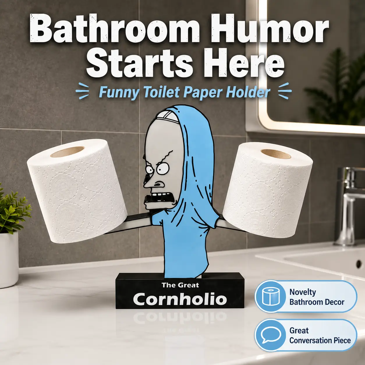 Cornholio Toilet Paper Holder - Double Roll Tissue Stand with Character Design, Fun Functional Bathroom Organizer & Restroom Accessory"