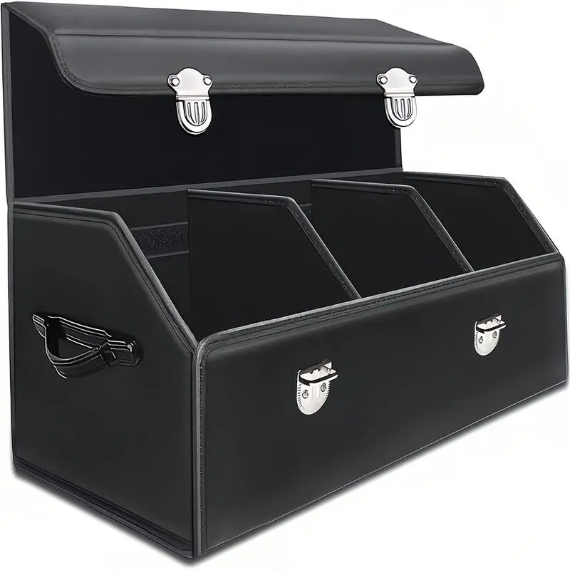 Large Capacity Waterproof PU Leather Foldable Collapsible Car Trunk Organizer, Portable Multi-Tool Cargo Box for SUVs - Groceries Storage, Garage Organization & Interior Stowing Tidying