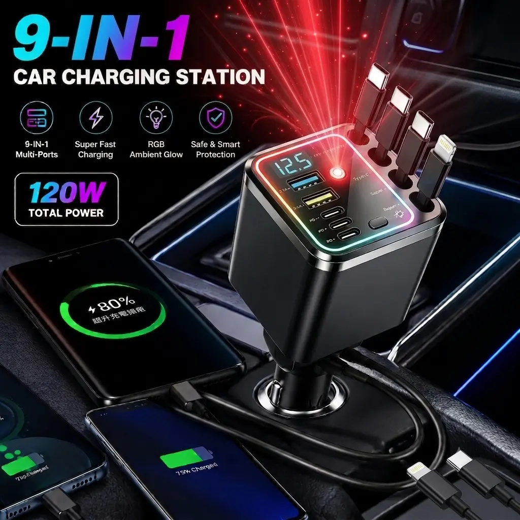 9 in 1 Super Fast Charger,120W Mac Charge,Car Accessories, With Star Pojector,Atmosphere Lamp,4 Retractable Cable, 180° Adjustable Head, PD 30W & QC3.0, Road Trip Essentials Universal Fit for iPhone, Android, Tablets,Applicable to cars, large trucks