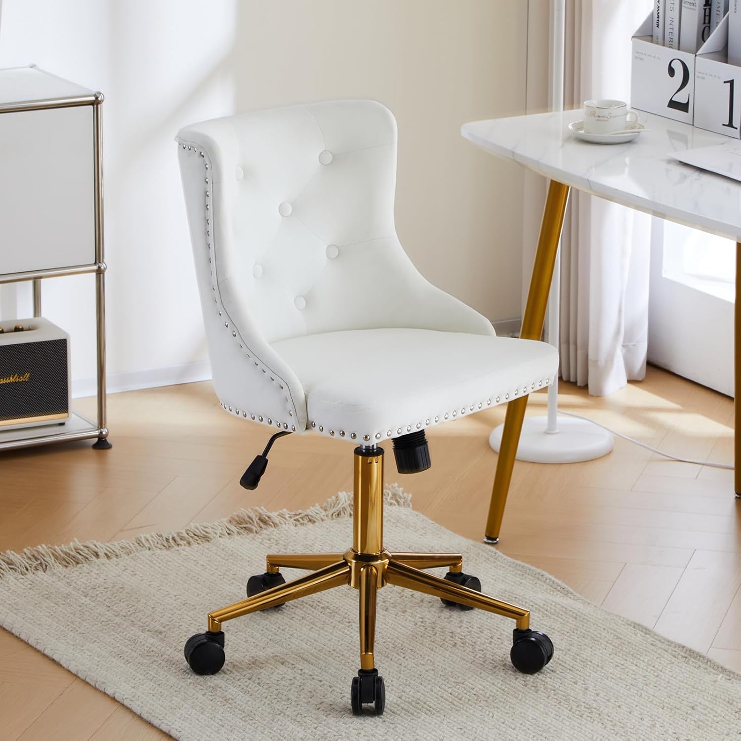 VINGLI Armless Home Office Desk Chair with Gold Base/Wheels, Small Cute Vanity/Makeup Chair with Back for Bedroom, Upholstered Adjustable Rolling Swivel Nail Chair for Women/Girls VINGLI Armless Home Office Desk Chair with Gold Base/Wheels, Small Cute Vanity/Makeup Chair with Back for Bedroom, Upholstered Adjustable Rolling Swivel Nail Chair for Women/Girls