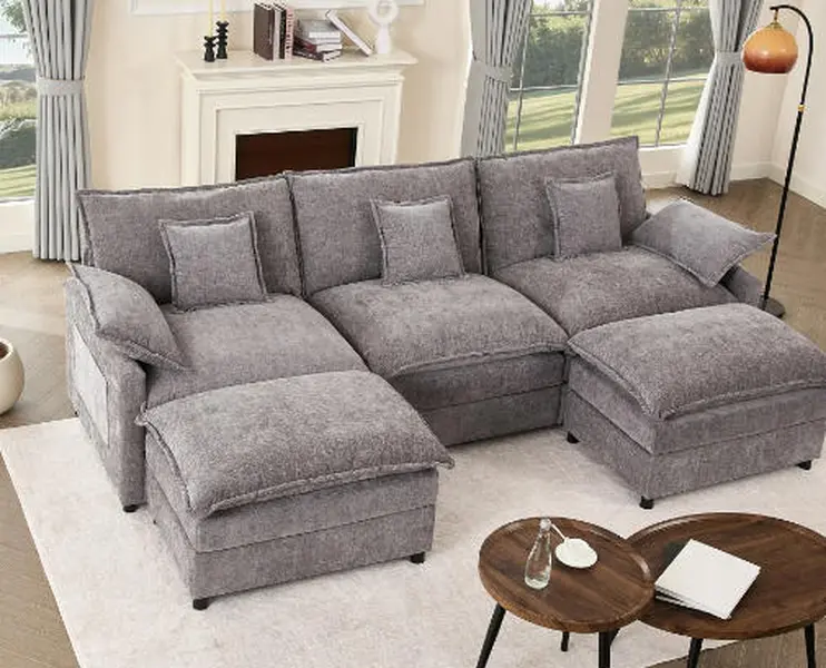 【2 Packages Shipping】GOSUHI 108" U-Shaped Modular Sectional Sofa - Comfy Cloud 3-Seater with 2 Movable Ottoman, Cloud Sofa,Deep Seat Linen Couch for Living Room, Beige Color ,Comfort & Stylish Design,Chenille pink
