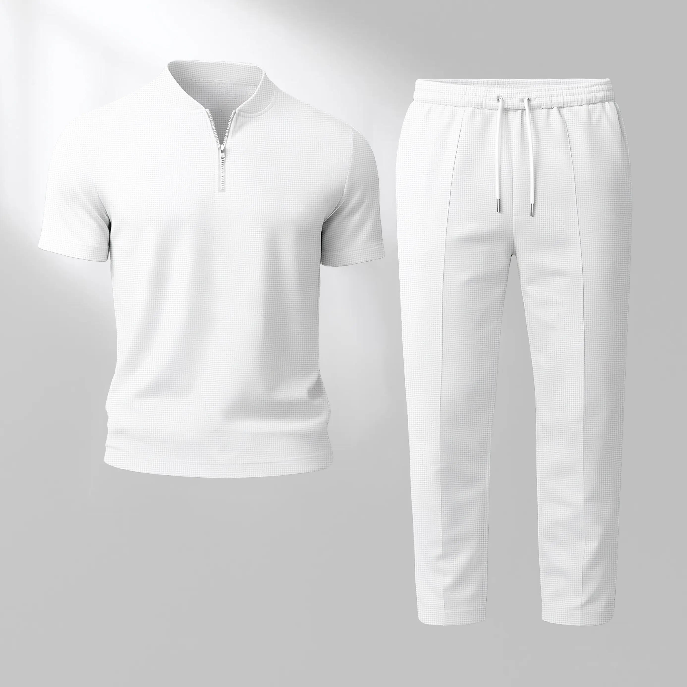 Men's Menswear 2-Piece Solid Texture Loungewear Set - Collared Neck Waffle Knit Short Sleeve Henley Zip Top & Loose Fit Long Pants, Casual for Spring, Shortsleeve, Minimalist, Clothes, Shirt, Two-Pieces