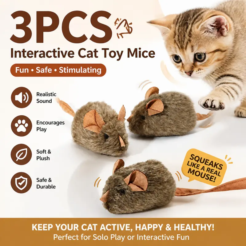 3-piece interactive squeaky mouse cat toy - touch-activated squeaking gray mice, suitable for cats and kittens, realistic sound hunting toy, ideal for indoor play and relieving boredom