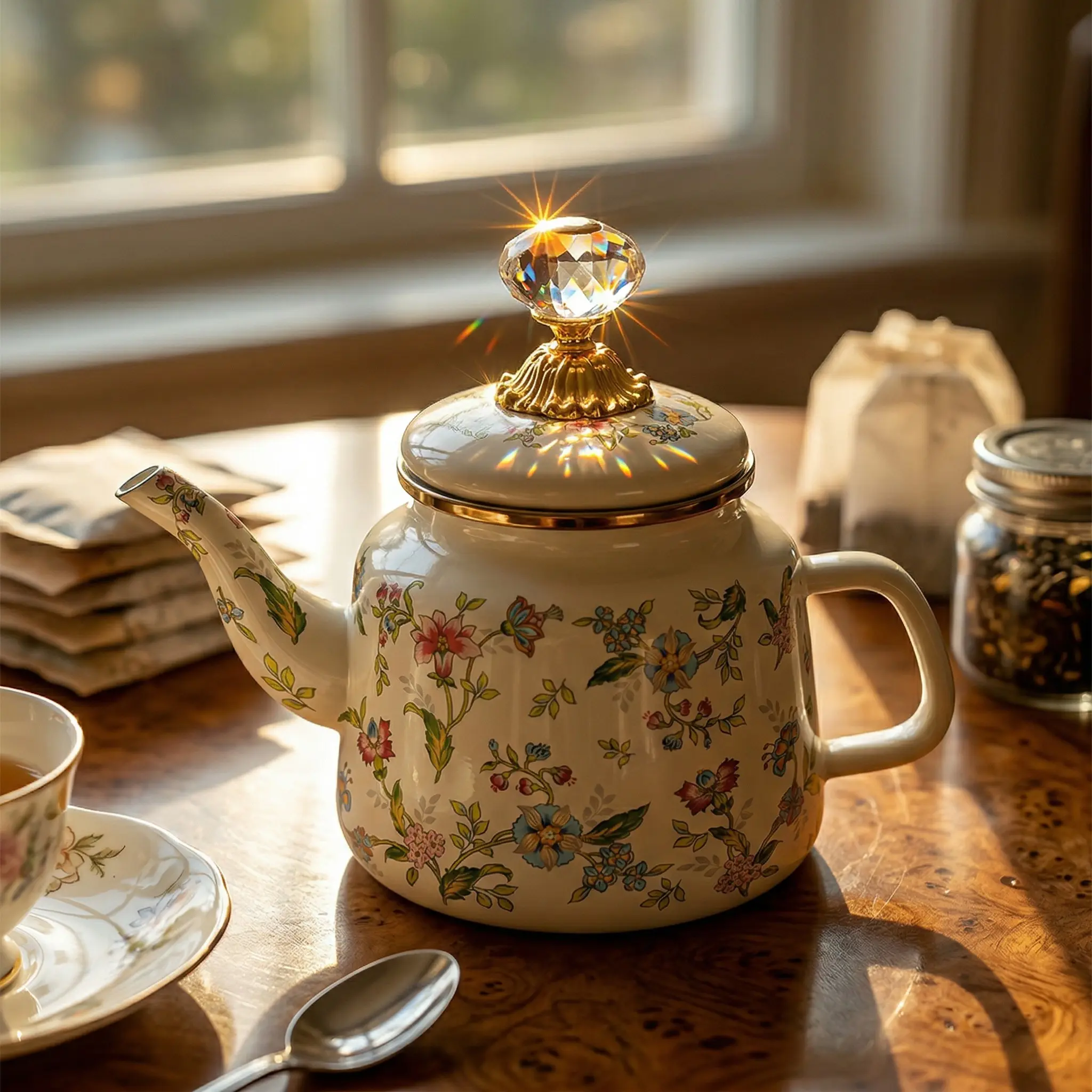 Vintage Floral Enamel Tea Pot, Perfect Teapot, Enchanted Tea Pot, Handmade Coffee Pot and Water Kettle for Home, Kitchen, Restaurant, Outdoor Tea Time, Elegant Design, Kitchenware