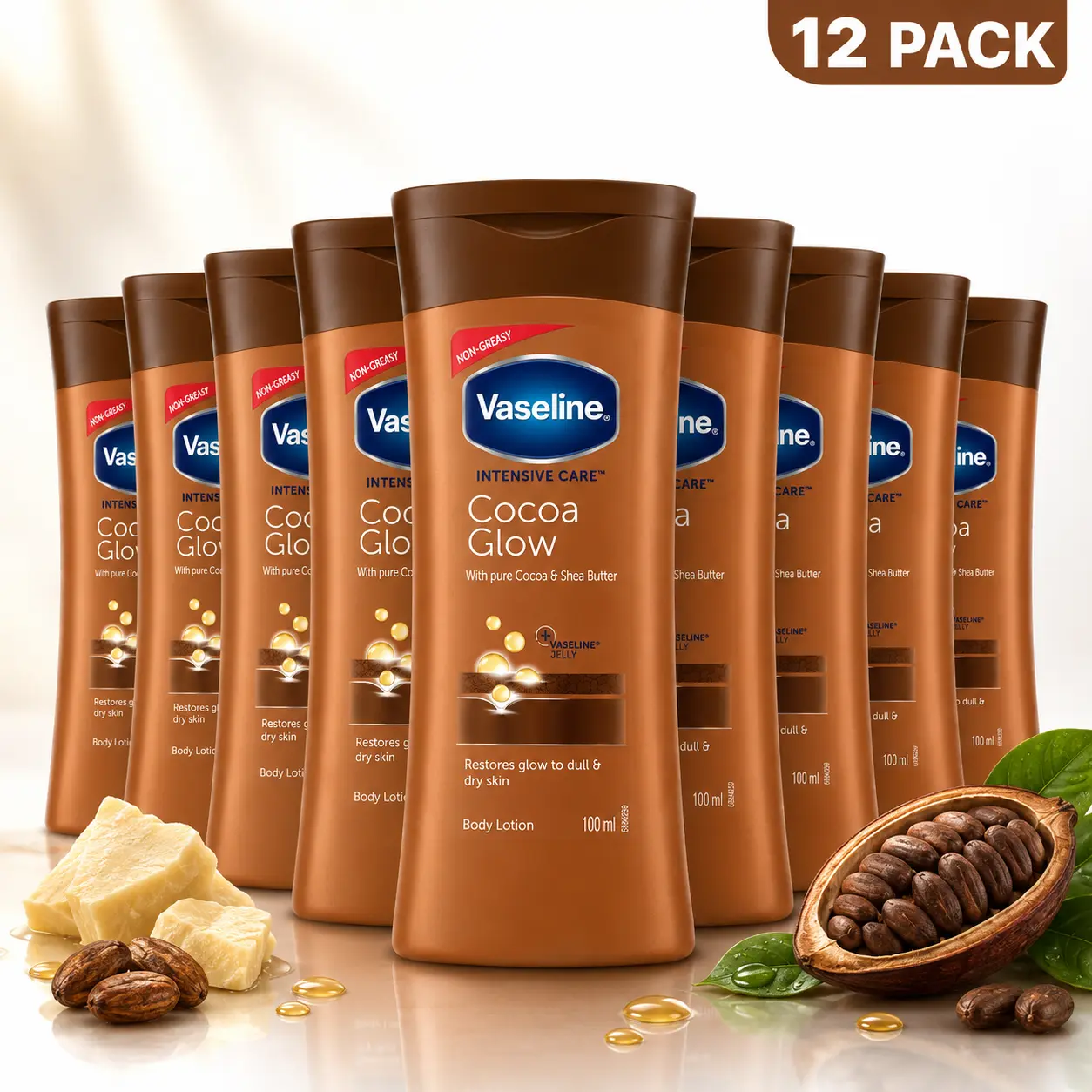 Vaseline Intensive Care Cocoa Glow Body Moisturizer Bulk 12-Pack (100ml/3.4oz) Lotion - Non-Greasy, Daily Use, Deep Hydration, Indulgent Cocoa & Shea Butter, Scented, Radiance-Restoring, Storage-Friendly, For All Skin Types