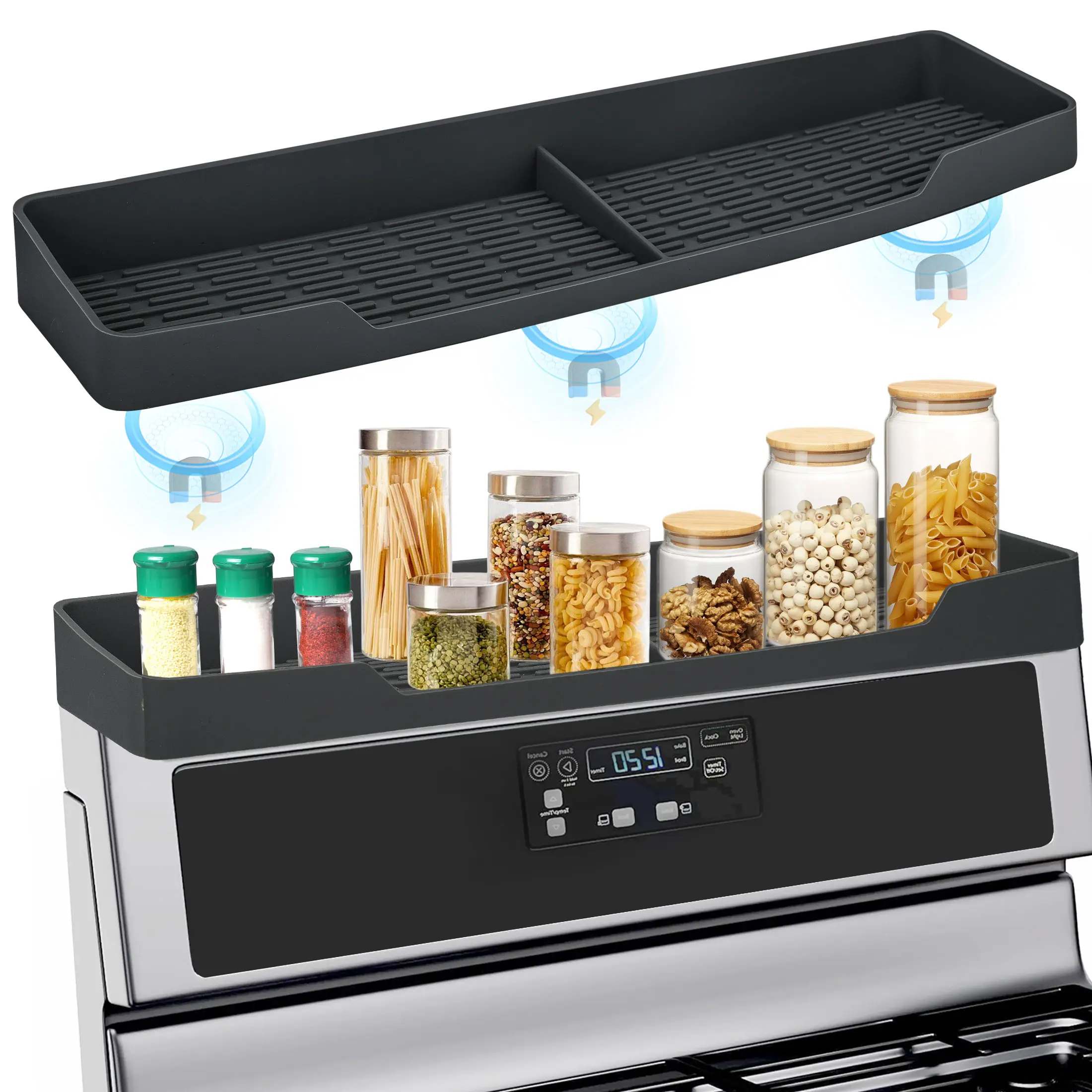 15 in Magnetic Stove Shelf - Silicone Food Storage Rack with Safety Protection, Flat & Curved Gas Stove Top Organizer, Space-Saving Multifunctional Kitchen Countertop Holder