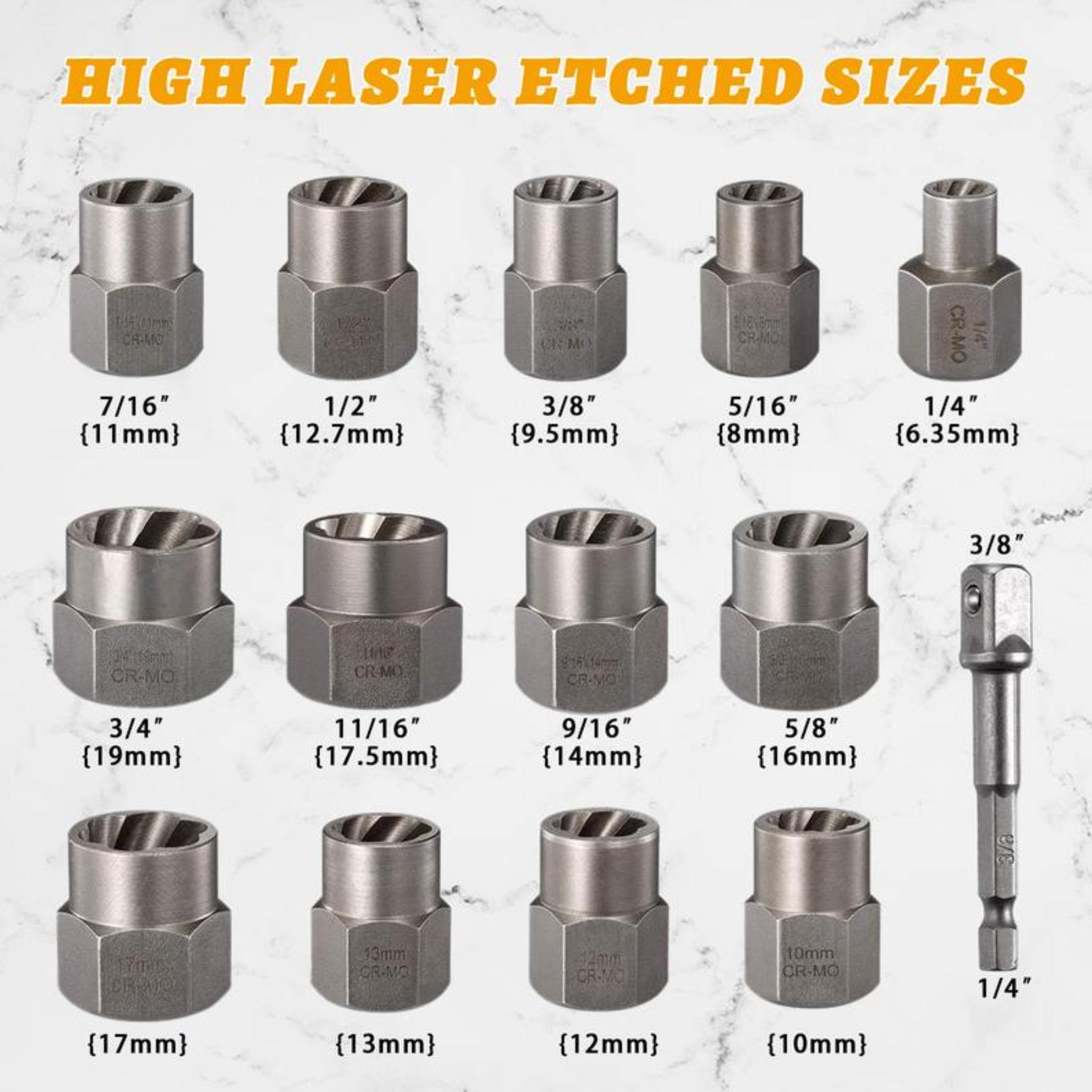 【FathersDayGift】 Bolt Extractor Tool Set, 13+1 Counts Impact & Nut Remover Stripped Lug Remover, Drive Rounded Bolt Remover for Removing Damaged, Frozen Universal Impact impact bolt