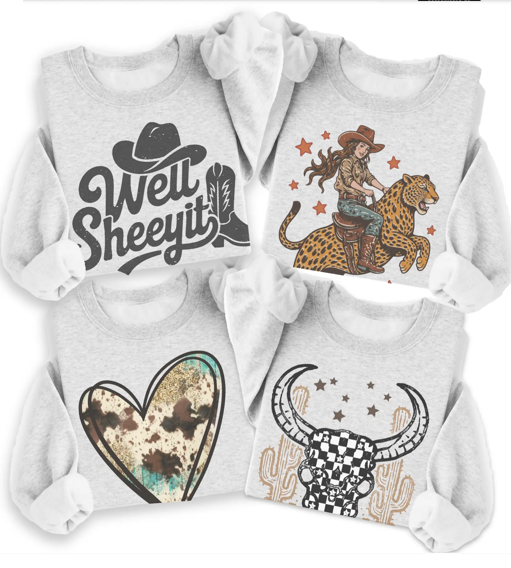 Vintage Western Sweatshirt Retro Western Pullover Cowgirl Cowhide Graphic Sweater Cow Bull Steer Skull Top Unisex Casual Crewneck Cowboy Boots Sweatshirt