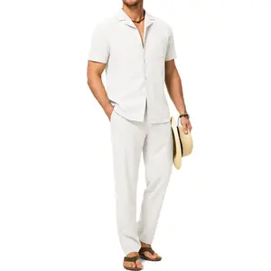 Dokotoo Men's 2-Piece Beach Outfit - Short Sleeve Button-Up Shirt & Below-Ankle Drawstring Pants - Casual Summer Suits for Men