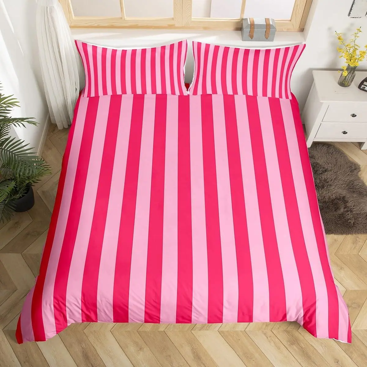 Rose Pink Red Bedding Set Abstract Stripes Comforter Cover Geometric Duvet Cover Bedroom Decor Breathable Soft Lightweight Microfiber Modern,No Comforter