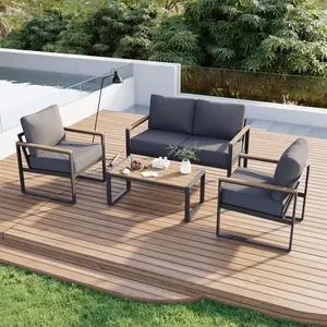 【2 Packages Shipping】Aoxun Patio Furniture Set, 4 Piece Outdoor Patio Furniture with Thick Cushions, Modern Metal Outdoor Conversation Sets with Coffee Table for Porch, Balcony,Beige/Drak grey