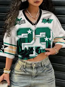 SHANIAH 23# Women Casual Letter & Number Pattern V-Neck Loose Cropped 5/8 Sleeve Mesh Shirt Jersey, Suitable For Summer