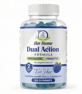 Her Biome Dual Action Probiotic + Prebiotic Gummies for Women | Blue Raspberry | Gut Health, Digestion & Feminine Support | Sugar-Free, Vegan, Non-GMO (50 Count)