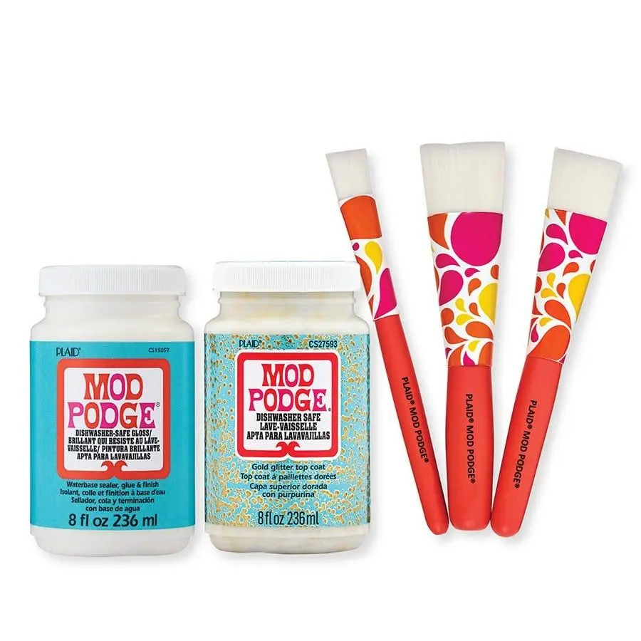 Mod Podge® Dishwasher Safe Glitter Liquid Decoupage Glue & Sealer Kit - 8oz Bottles, Gloss Finish, 3 Synthetic Bristle Brushes, Durable, Easy to Clean, Versatile Kitchen Home Supplies, Retro Colors, PROMOMPDWS24