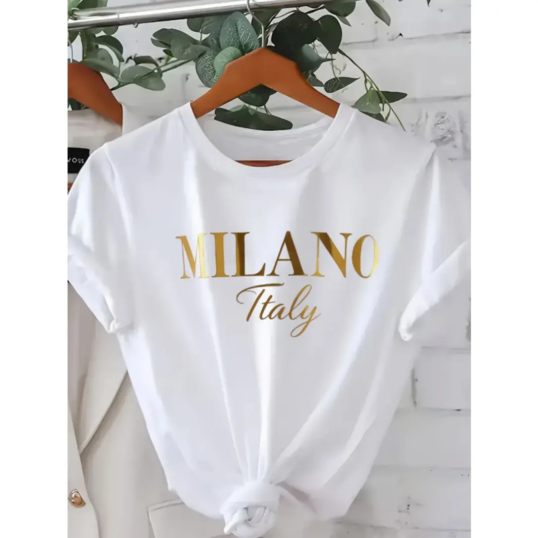 Women's White Aesthetic Graphic Tee - Short Sleeve Round Neck Relaxed Fit Soft Cotton Casual Chic Top, Milano Italy Letter Vibrant Print That Lasts, Streetwear Summer Travel Outfit Shirt, Shortsleeve, Letter Print, Breathable
