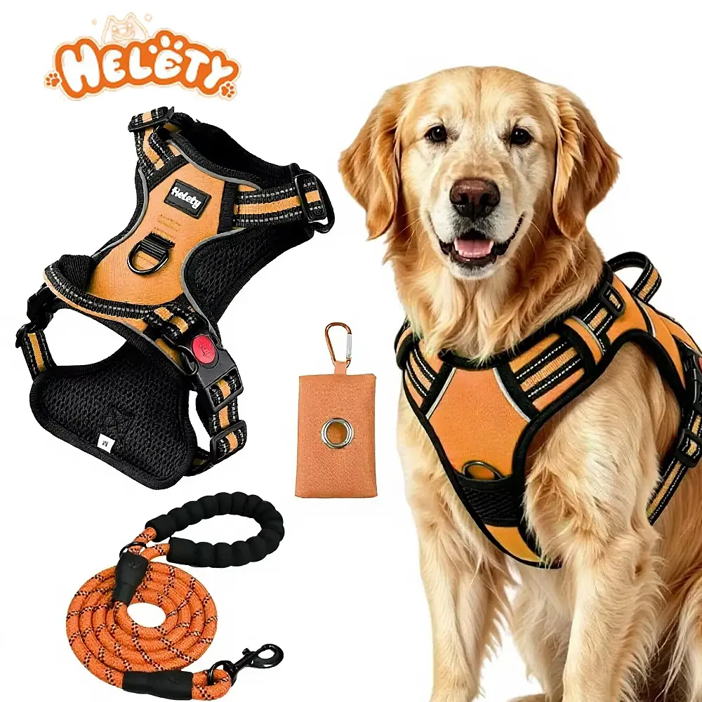 HELETY 3-in-1 No-Pull Escape-Proof No-Choke Dog Harness Leash Set - Soft Adjustable Oxford Strap, Reflective Design, Poop Bag Dispenser, AirTag Holder, Breakaway Collar, Coyote Shock Protection, LED Night Safety for Hiking Hunting Outdoor (S/M/L Dogs), Ru