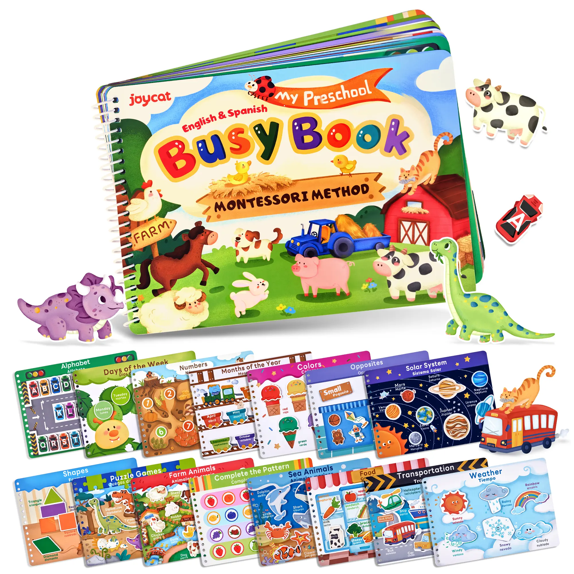 JoyCat Preschool Montessori Busy Book for Kids - Language Sensory Toy, Busy Board, Alphabet Flashcards, Color Recognition, Counting Games, Farm Animals Matching, English & Spanish Version, Daily Life Themes, Autism Learning Material, Activity Sensory Boar