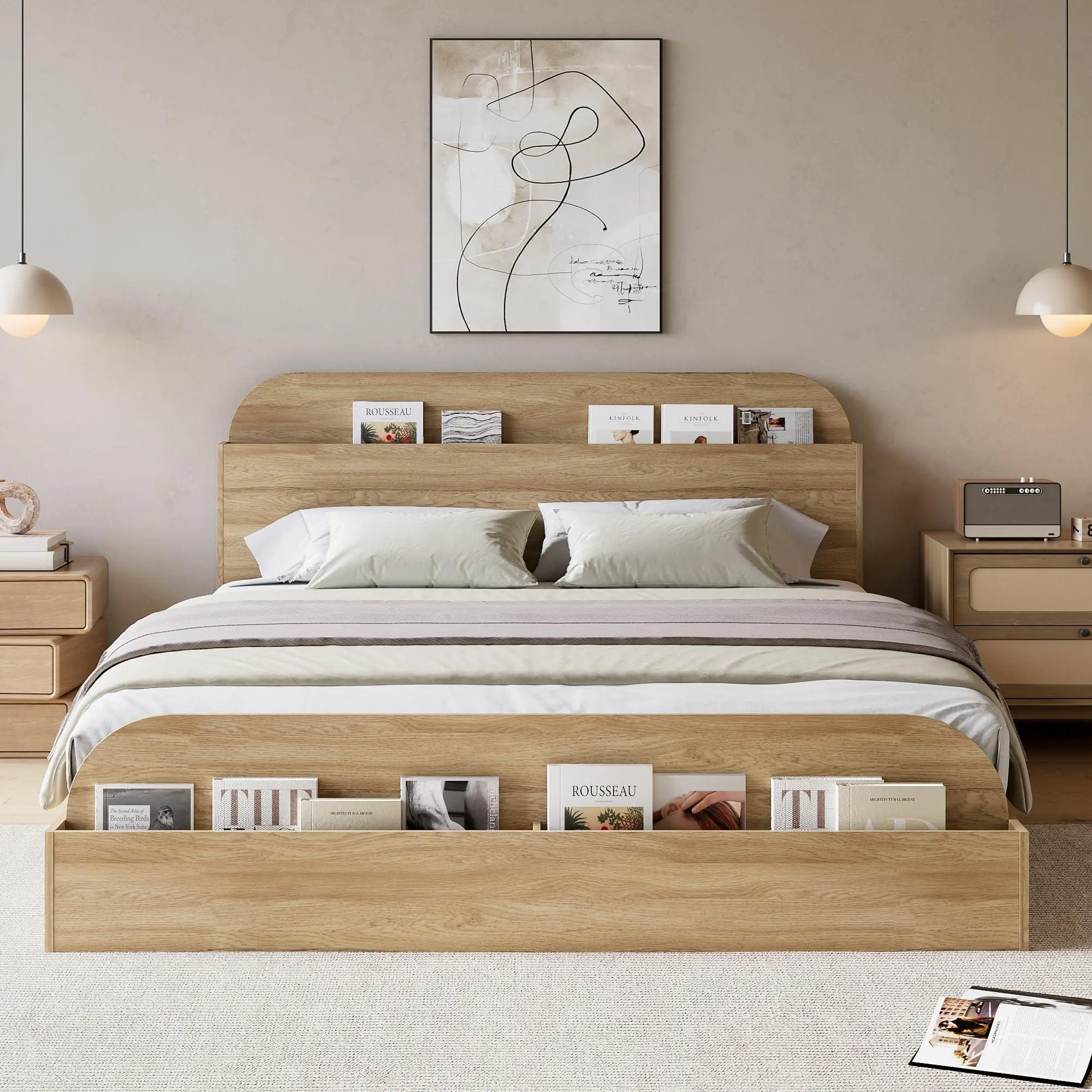 Queen Size Bed Frame, Wooden Beds with Storage Headboard and Raised-Foodboard, Queen-Floor Low Platform Bed for Bedroom, Sturdy Wooden Slats Support, No Box Spring Needed, Natural