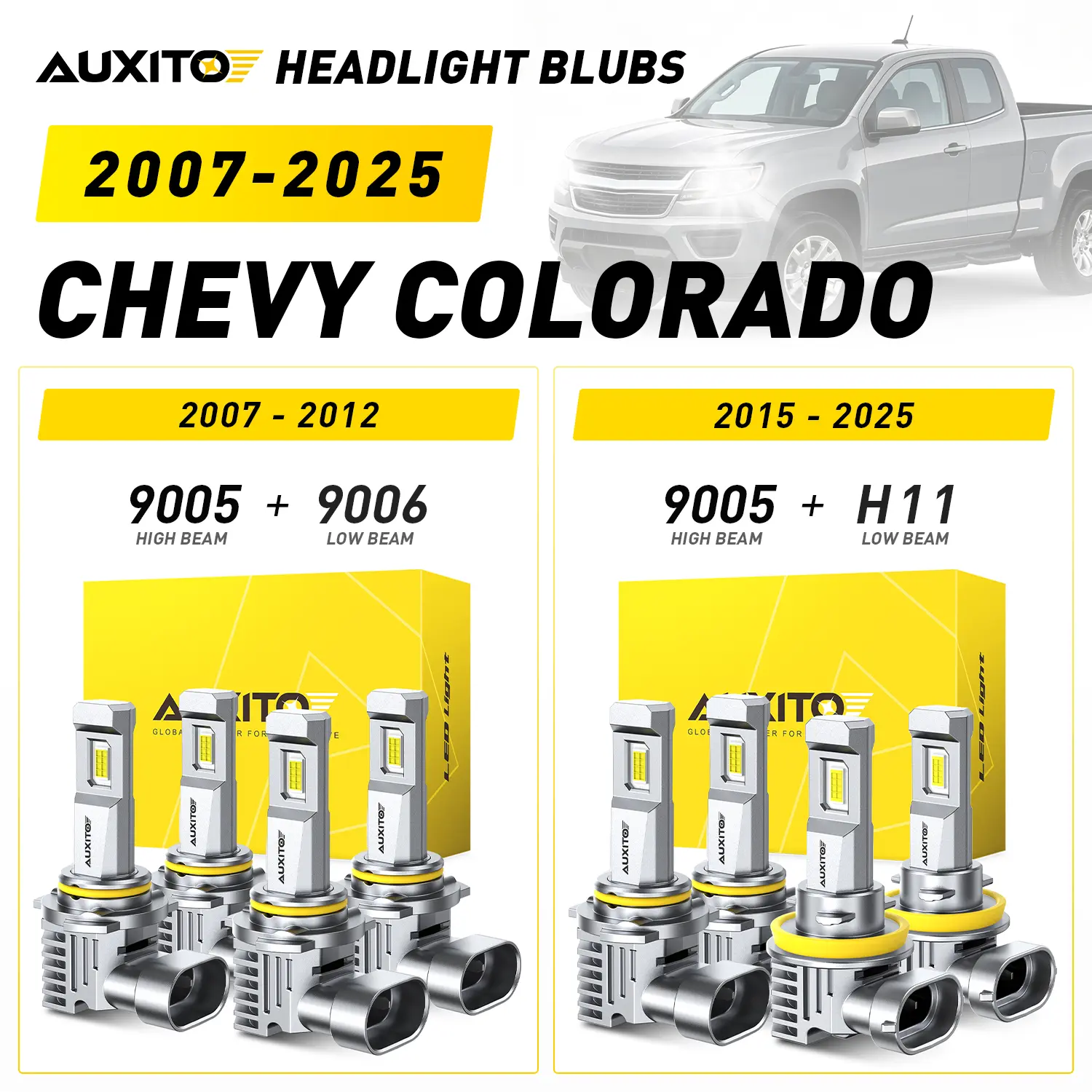 2007-2025 Chevy Colorado AUXITO LED Headlight Bulbs, 9005/HB3 High Beam, 9006/HB4 (2007-2012) & H11 (2015-2025) Low Beam, 30000LM 6500K Cool White, Anti-glare,CANBUS Ready,No error,No Flickering, Plug and Play