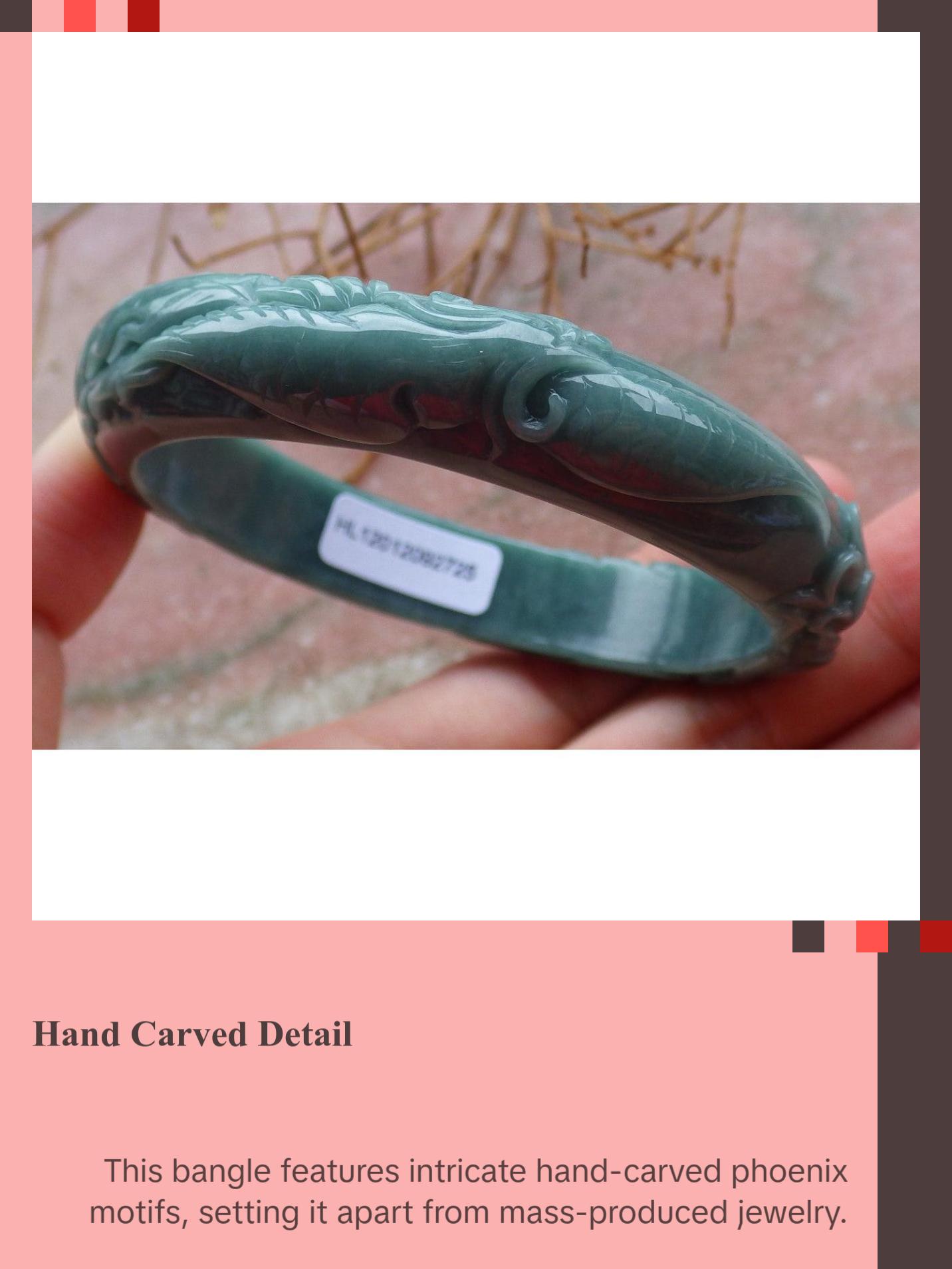 Certified Hand Carved Green 100% Natural Myanmar Burma A JADE Jadeite Phoenix Circle Bangle Bracelet 59mm